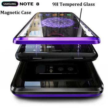 360 Plnú Ochranu Magnetických Adsorpcie Luxusné puzdro Pre Samsung Galaxy Note8 Predný kryt kalené sklo Filp coque Magnet Funda
