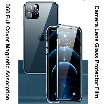360 Úplné Pokrytie Magnetické puzdro Pre iPhone 12 Pro MAX Mini 11 Pro Luxusné Prípade Kovový Nárazník Sklo Objektívu Chránič Film Coque