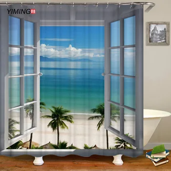 3D beach okno otvorenie pláži na šírku tlač kúpeľňa opony polyester vody-bathable sprchový záves nepremokavé a plesniam