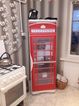 3d Britský Červený Telefón box Lepidlo Vymeniteľné Nepremokavé Nálepky Odtlačkový frigerator Kryt Dvere, kuchynské doplnky na stenu-nálepky
