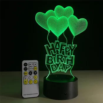 3D lampa Happy Birthday Dar Lásky Balóny LED Tabuľka Svetlo Akryl Noc s 7 Farieb Zmeniť Remote Touch Prepínač deti