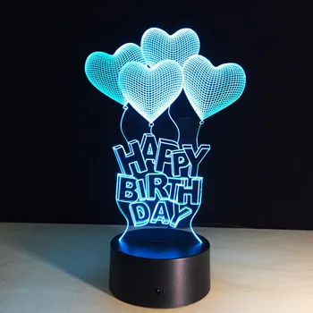 3D lampa Happy Birthday Dar Lásky Balóny LED Tabuľka Svetlo Akryl Noc s 7 Farieb Zmeniť Remote Touch Prepínač deti