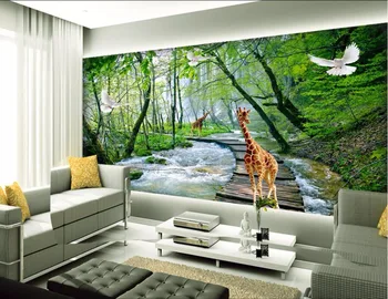 3d nástenné maľby, tapety na steny, 3 d foto tapety Malý most, vody, lesov Žirafa, tv joj, stena obývacia izba