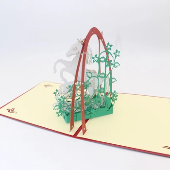3D Ručné Červený Kryt Biely Kôň Skáče Papier Pozvanie Pohľadnice, Pohľadnice Obchodný Deň Detí Darček k Narodeninám