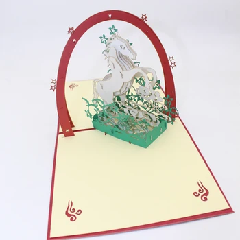 3D Ručné Červený Kryt Biely Kôň Skáče Papier Pozvanie Pohľadnice, Pohľadnice Obchodný Deň Detí Darček k Narodeninám