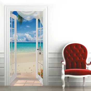 3D samolepiace Tapety Dvere Nálepky Porte Seascape Beach PVC Plagát na Stenu Odtlačkový Home Design Dverí Dekorácie, Nástenné Deursticker