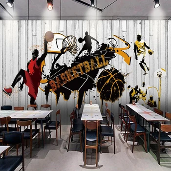 3D Tapety Osobnosti Trend Basketbal Graffiti Športové Drevené Zrna Tapety Reštaurácia, Kaviareň a Bar KTV Pozadí Nástenné Maľby