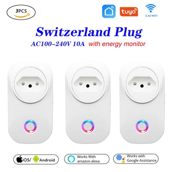 3ks Tuya WIFI Smart Zásuvky Smart Plug Švajčiarsko Plug 10A Diaľkové Ovládanie Alexa Domovská stránka Google Energie Monitor