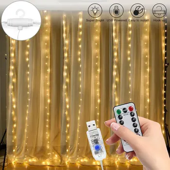 3M Vianočné Rozprávky Led Svetelný Záves Svetlá s Háčikmi USB Opony Led Reťazec Svetlá Diaľkové ovládanie Domova Dovolenku osvetlenie