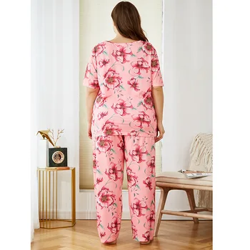 3XL 4XL Plus Veľkosť Ženy Lete Pekné Kvety Tlač Pajama Sady Nohavice Pohode Pyžamo Mäkké Pyžamá Sleepwear Jeseň oblečenie pre voľný čas