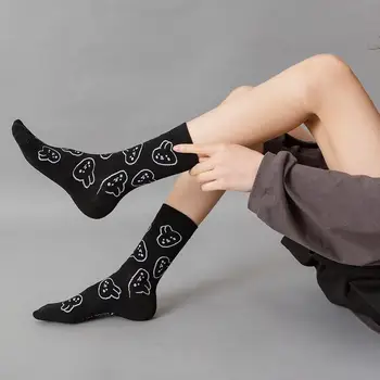 4 Pair/Súbor Bežné Cartoon Králik Bavlnené Ponožky Čierna, Biela Farba, Jednoduchý Módne Šaty Mäkké Nosiť Ponožky Street Art
