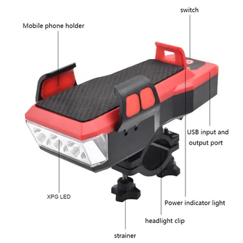 4 v 1 Koleso Predné Svetlo Blesku USB Cyklistické Roh Lampa 4 Režimy Držiaka Telefónu Powerbank Cyklistické Svetlometu Lanterna 2400/4000mAh