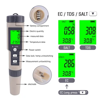 4 v 1 TDS/ES/Salinita/Tem Merač Digitálny Kvality Vody Monitor Tester Salinity Tester pre Bazény, Pitnej Vody, Akváriá,Kúpele