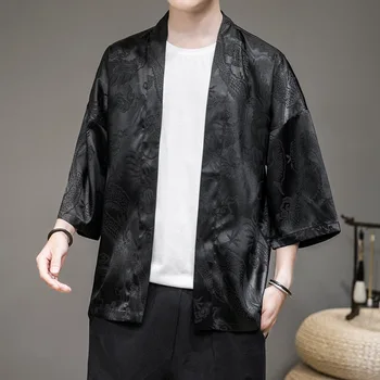 #4344 Čierne Biele Kimono Bunda Mužov Tenké Letné Bunda Vintage Čínsky Štýl Dragon Vytlačené Mužov Kimono Kabát Cardigan Vrchné Oblečenie