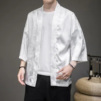 #4344 Čierne Biele Kimono Bunda Mužov Tenké Letné Bunda Vintage Čínsky Štýl Dragon Vytlačené Mužov Kimono Kabát Cardigan Vrchné Oblečenie