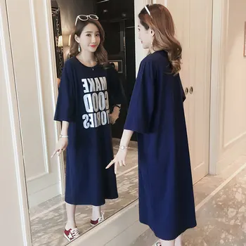 #4929 Kórejský Módne Bavlna Krátky Rukáv T Shirt Dress Ženy List, Tlač Bežné Námornícka Modrá Kolo Krku Rovné Šaty Voľné