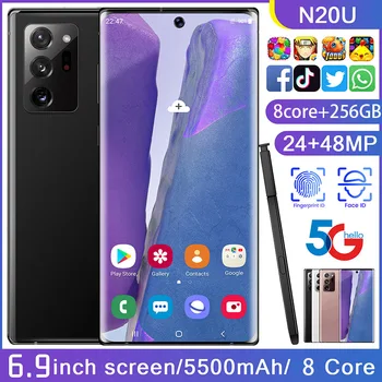 4G Smart Mobile Mobilný Telefón Galxy N20U Smartphone FullScreen 8-core 256 GB Android 10 Snapdragon 865+ Prstom Tvár ID Dual Camera
