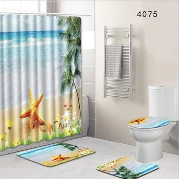 4Pcs Vaňa Mat Nastaviť Anti Slip Koberec Nepremokavé Sprchový Záves 3D Polyester Kúpeľňa Záclony