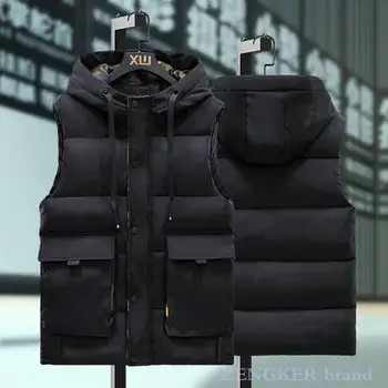 4XL bavlna vest pánske farba bavlna vestu, bundu s kapucňou jeseň zima multi-vreckové náradie zimné mens bunda