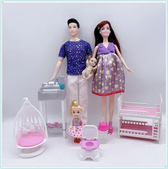 5-osoba, rodina zmes 11.5-palcový otec + mama tehotná Barbies detská postieľka/jedálenské stoličky/hojdacia stoličky najlepší darček pre deti hračka