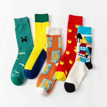 5 Pair/set, Novinka Vytlačené Farebné Ponožky Fashion Street Style Posádky Ponožky Zábavné Hip Hop Česanej Bavlny Ponožky Darčeky pre Mužov, Ženy
