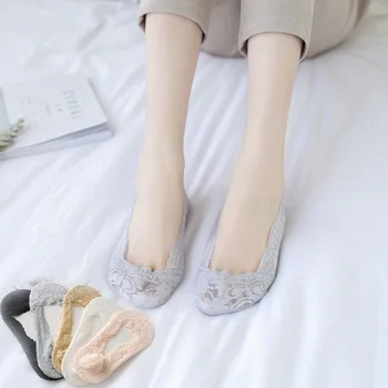 5 Párov Módne Ženy, Dievčatá Letné Ponožky Čipky Kvet Krátke Ponožky Bavlna Non-slip Silicone Neviditeľné Č Zobraziť Plytké Ponožky