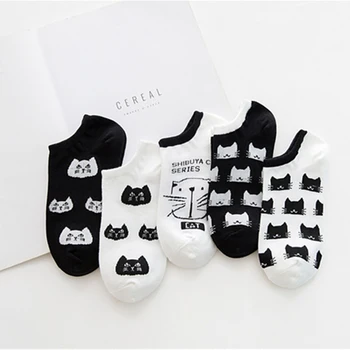 5 Párov Žien Cartoon Krátke Ponožky Roztomilý Zvierat Mačka Nízke Členok Bavlnené Ponožky Harajuku Kórejský Fashion Dievčatá Kawaii Mačiatko Bežné Ponožky