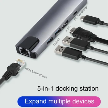 5 V 1 Typ-c Rozbočovač USB-C, HDMI USB3.0 LAN Ethernet Dokovacej Stanice Multifunkčné USB C Hub Adaptér PD Rýchle Nabíjanie Pre Macbook