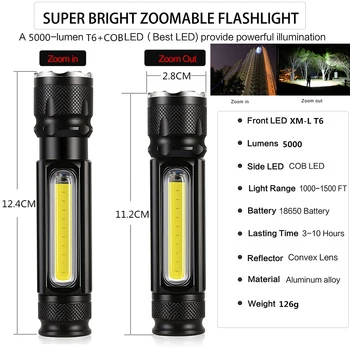 5000LM LED Baterka Nepremokavé T6 Pochodeň Strane KLASU Svetlo Nabíjateľná Multifunkčné Silný Linterna Chvost Magnet Pracovné Svetlo