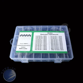 500pc Hliníkové elektrolytický kondenzátor kit box 0.1/0.22/0.47/1/2.2/3.3/4.7/10/22/33/47/100/220/330/470/680/1000uf 10v/16v/25v/50