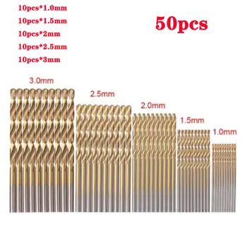 50Pcs HSS Titán Potiahnutý Vrtákov rýchloreznej Ocele Drill Bit Nastavený Vysoko Kvalitný zdroj Nástroje na Vŕtanie Dreva 1/1.5/2/2.5/3 mm