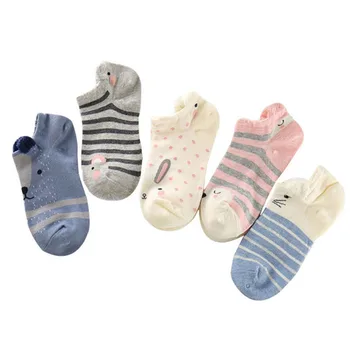 5pairs Kawaii Harajuku Cartoon Ženy Ponožky Bavlna Neviditeľné Ponožky Roztomilý Zvierat Stereo Ucho Dievča Členkové Ponožky Zábavné Priedušné Ponožky