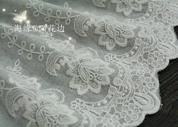 5Yards Off White Super Široký Bavlna Čipky Textílie Vrúbkovaným Celoplošný Vyšívané Kvet Čipky pre dámske Oblečenie 22 cm Doprava Zdarma