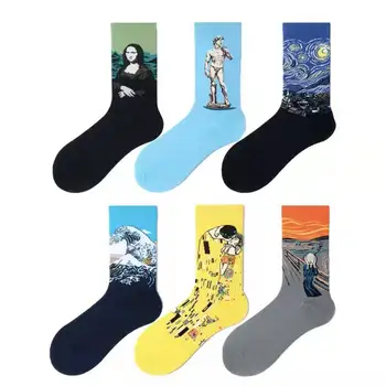 6 párov Zábavné Umenie Bavlna Posádky Vytlačené Ponožky Maľovanie Vzor Mužov Harajuku Dizajn Sox Van Gogh Novinka Zábavné Cool Hip Hop Darček INY