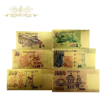 6pcs/nastaviť Nové Farby Singapur Bankoviek 2 5 10 50 100 1000 SGD Bankoviek v 24k Gold Falošné Papierové Peniaze Na Zbierku