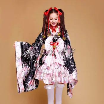 6pcs Nastaviť Ženy Dievča Japonskom Štýle Kimono Čerešňové Kvety Sakura Lolita Princezná Šaty Nosiť motýlik Bell Veľkosť