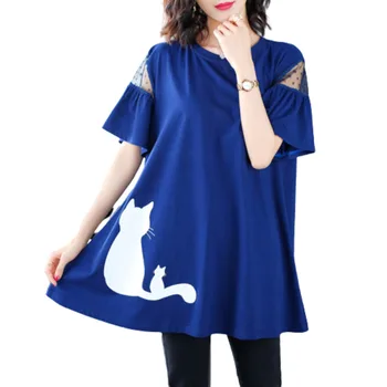 6XL Nadrozmerné Čipky Krátky Rukáv T Shirt Ženy Elegantné Mačka Tlače Kawaii Befree Harajuku Plus Veľkosť Letné Top Estetické Oblečenie