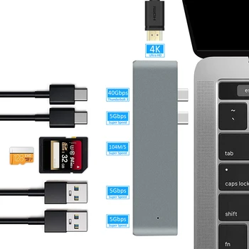 7 V 1 USB3.0 C HUB Multiports HUB Adaptéra Dual Typ-C Connecter USB C 4K HD SD/TF Kariet USB HUB Adaptér Pre Macbook Pro