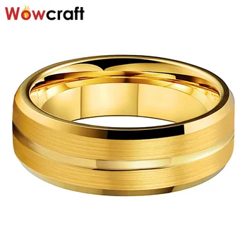 8 mm Gold Volfrámu Snubné prstene pre Mužov, Ženy, Vlnitá Kartáčovaný Povrch s Skosenie Hrany Comfort Fit