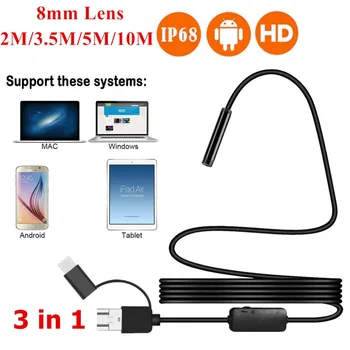 8 MM Micro USB Typ-c, USB, 3-v-1 Endoskopu 2/3.5/5/10M 1200P HD Borescope Trubice, Vodotesný IP68 USB Inšpekcie Video Kamera