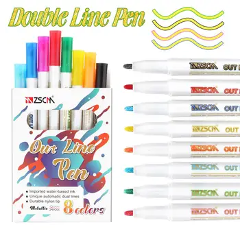 8ks/set Double Line Prehľad Pero Lesk Farebné Fluorescenčné Značky Kovové Farby Pera Rukopisu Pero na Kreslenie Vianočné Čmáral