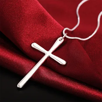 925 Sterling Silver Dlho Cross Prívesok Náhrdelník 18-Palcové Had Reťazca Pre Ženy Módne Svadobné Zapojenie Kúzlo Šperky