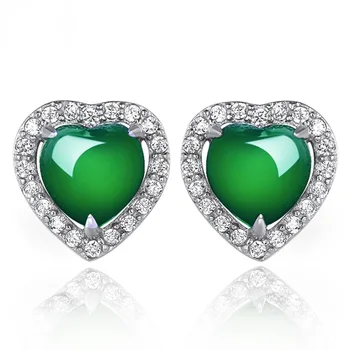 925 Sterling Silver Farba Prírodná Smaragdové Náušnice Pre Ženy, srdce Zelená Chalcedony Jade Náušnice Zirkón Diamond Jemné Šperky