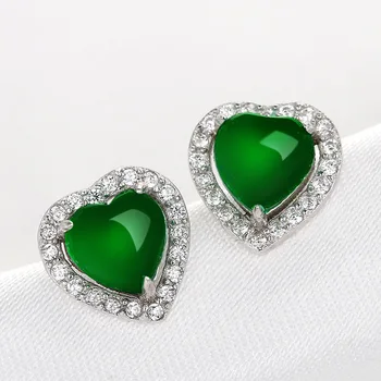 925 Sterling Silver Farba Prírodná Smaragdové Náušnice Pre Ženy, srdce Zelená Chalcedony Jade Náušnice Zirkón Diamond Jemné Šperky