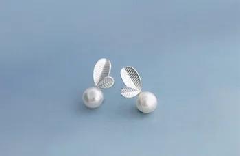 925 Sterling Silver Piercing Pearl Leaf Stud Náušnice Pre Ženy, Dievčatá Darček Svadobné Šperky Brincos Bijoux pendientes EH006