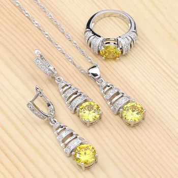 925 Sterling Silver Svadobné Šperky Sady pre Ženy Žlté Kamene Bielymi Zirkónmi Prívesok Náhrdelník Krúžok Náušnice Nastaviť