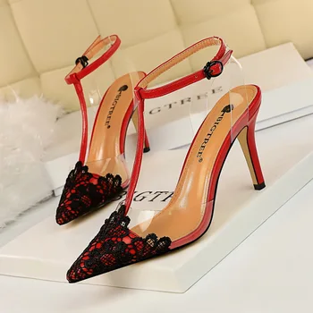 968-1 módne banquet transparentné naboso topánky dámske slim podpätky čipky poukázal T-pás sandále na vysokom opätku