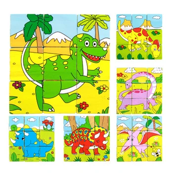 9pcs/Set Kačica Psa Dinosaura Korytnačka, Žralok Tichom Zvierat Šesť-tvár Obrázok Drevené 3D Hračky Deti Skoro Vzdelávacie Hračka Cube Puzzle