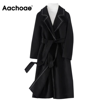 Aachoae Čierna Farba, Vlny Kabát Ženy Elegantný Pruhovaný Dlhé Kabáty Lady Zase Dole Golier Obväz Kabát Dlhý Rukáv Vrchné Oblečenie