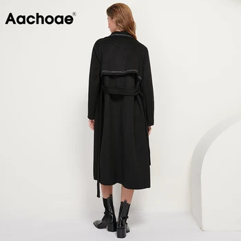Aachoae Čierna Farba, Vlny Kabát Ženy Elegantný Pruhovaný Dlhé Kabáty Lady Zase Dole Golier Obväz Kabát Dlhý Rukáv Vrchné Oblečenie